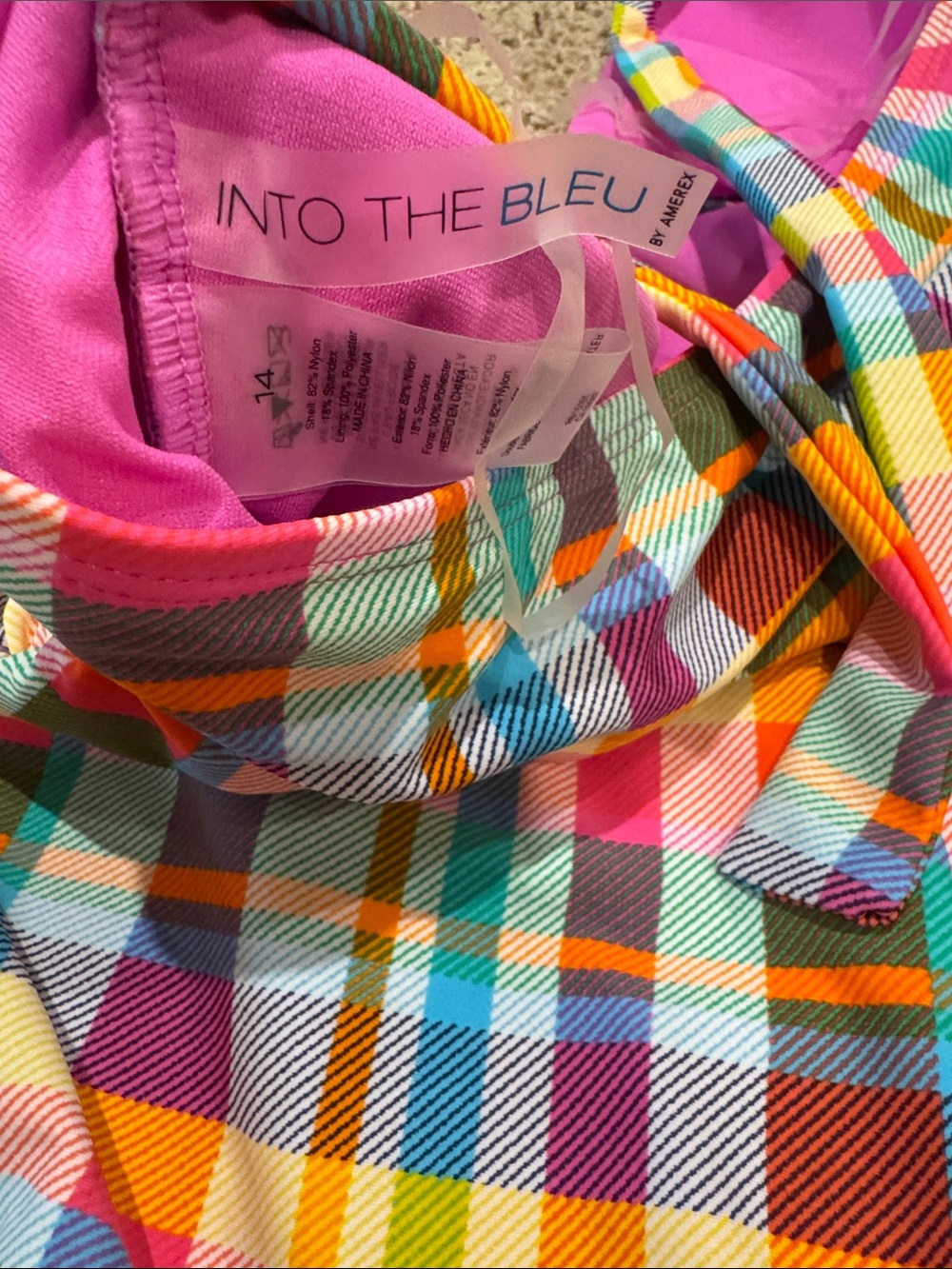 Colorful Plaid One-Piece Swimsuit with Pink Lining - Picture 2 of 4